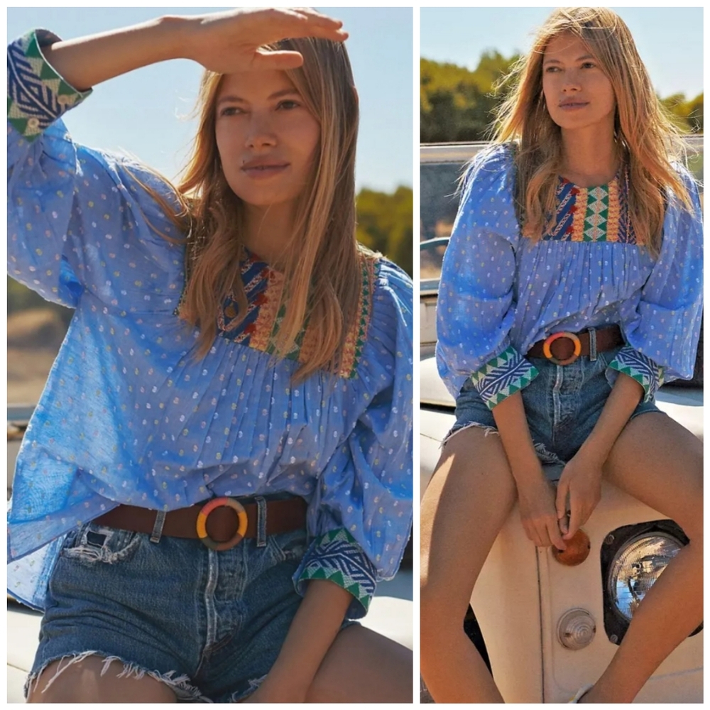 Anthro Verb by Pallavi Embroidered Swiss Dot Boho Blue Top - Picture 13 of 13